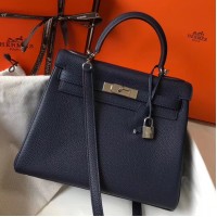 Hermes Kelly 32cm Bag In Dark Blue Clemence Leather PHW Hermes Kelly 32cm Bag In Dark Blue Clemence Leather PHW