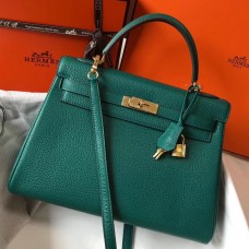Hermes Kelly 32cm Bag In Malachite Clemence Leather GHW Hermes Kelly 32cm Bag In Malachite Clemence Leather GHW