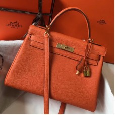 Hermes Kelly 32cm Bag In Orange Clemence Leather GHW Hermes Kelly 32cm Bag In Orange Clemence Leather GHW