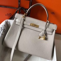 Hermes Kelly 32cm Bag In Pearl Grey Clemence Leather GHW Hermes Kelly 32cm Bag In Pearl Grey Clemence Leather GHW