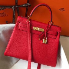 Hermes Kelly 32cm Bag In Red Clemence Leather GHW Hermes Kelly 32cm Bag In Red Clemence Leather GHW