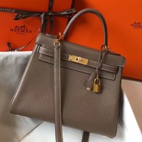 Hermes Kelly 32cm Bag In Taupe Grey Clemence Leather GHW Hermes Kelly 32cm Bag In Taupe Grey Clemence Leather GHW