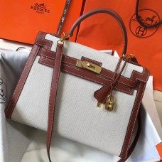 Hermes Kelly 32cm Bag In Toile Canvas With Barenia Leather Hermes Kelly 32cm Bag In Toile Canvas With Barenia Leather