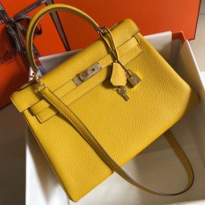 Hermes Kelly 32cm Bag In Yellow Clemence Leather GHW Hermes Kelly 32cm Bag In Yellow Clemence Leather GHW