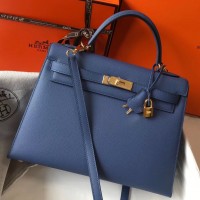 Hermes Kelly 32cm Bag In Blue Agate Epsom Leather GHW Hermes Kelly 32cm Bag In Blue Agate Epsom Leather GHW
