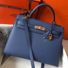 Hermes Kelly 32cm Bag In Blue Agate Epsom Leather GHW Hermes Kelly 32cm Bag In Blue Agate Epsom Leather GHW