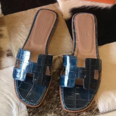 Hermes Oran Sandals In Blue Shiny Niloticus Crocodile Hermes Oran Sandals In Blue Shiny Niloticus Crocodile
