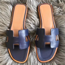 Hermes Oran Sandals In Navy Swift Leather Hermes Oran Sandals In Navy Swift Leather
