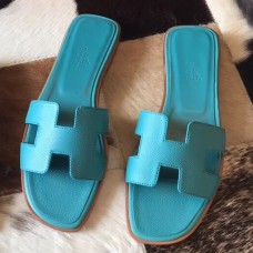 Hermes Oran Sandals In Blue Paon Epsom Leather Hermes Oran Sandals In Blue Paon Epsom Leather