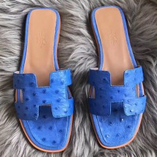 Hermes Oran Sandals In Blue Hydra Ostrich Leather Hermes Oran Sandals In Blue Hydra Ostrich Leather