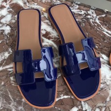 Hermes Oran Sandals In Blue Patent Leather Hermes Oran Sandals In Blue Patent Leather