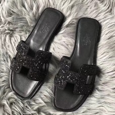 Hermes Oran Sandals In Black Suede With Black Crystal Hermes Oran Sandals In Black Suede With Black Crystal