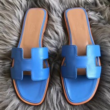 Hermes Oran Sandals In Blue Swift Leather Hermes Oran Sandals In Blue Swift Leather