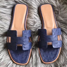 Hermes Oran Sandals In Blue Ostrich Leather Hermes Oran Sandals In Blue Ostrich Leather