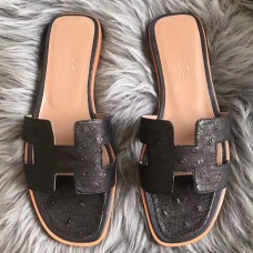 Hermes Oran Sandals In Black Ostrich Leather Hermes Oran Sandals In Black Ostrich Leather