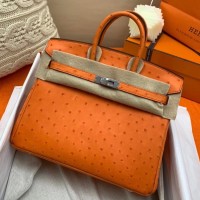 Hermes Birkin 25 Handmade Bag In Orange Ostrich Leather Hermes Birkin 25 Handmade Bag In Orange Ostrich Leather