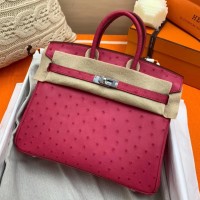 Hermes Birkin 25 Handmade Bag In Rose Red Ostrich Leather Hermes Birkin 25 Handmade Bag In Rose Red Ostrich Leather