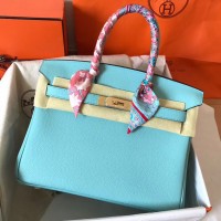 Hermes Birkin 30 Handmade Bag In Blue Atoll Clemence Leather Hermes Birkin 30 Handmade Bag In Blue Atoll Clemence Leather