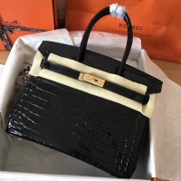 Hermes Birkin 30 Bag In Black Crocodile Porosus Shiny Skin Hermes Birkin 30 Bag In Black Crocodile Porosus Shiny Skin